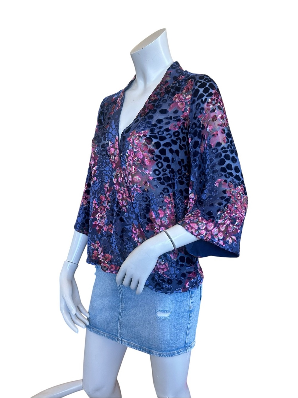 Anthropologie Floreat Navy Blue Pink Floral Leopard Silk Blend Burnout Blouse XS - Picture 6 of 8